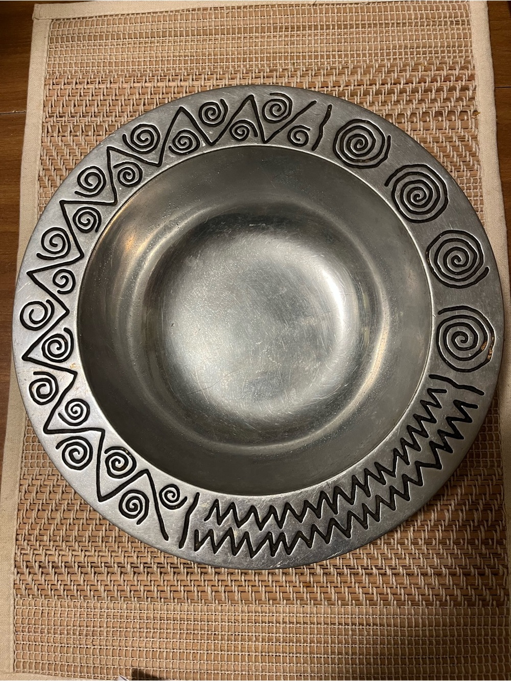 Wilton Armetale Silver Metal Decorative Bowl with Geometric Spiral Border